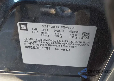 2012 Chevrolet Cruze 2Lt from USA, damaged, VIN 1G1PG5SC0C7257405